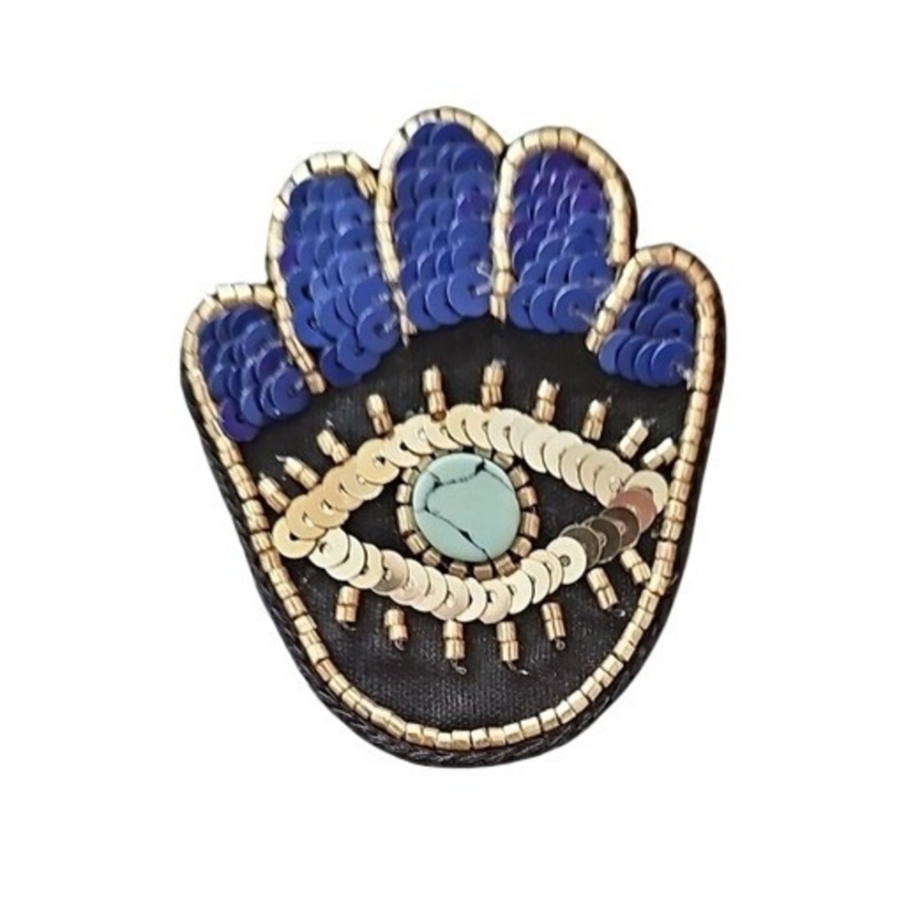 Express Hamsa Hand Evil Eye Brooch Blue Gold Sequin Beaded Pin NWT